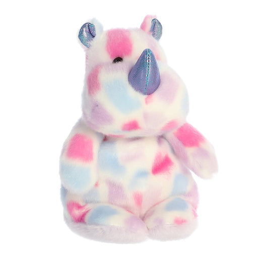 Colorful tie-dye plush rhino with iridescent horn and ears on white background