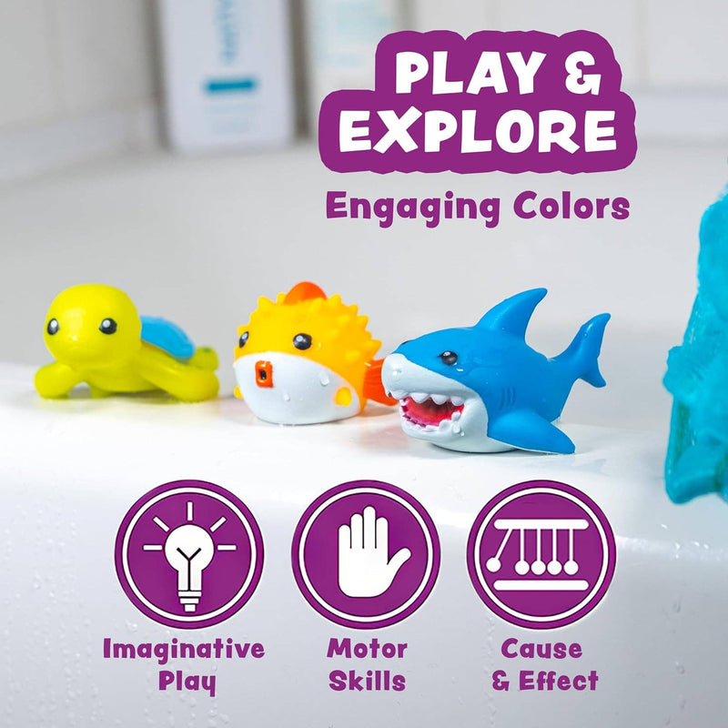 Colorful ocean-themed bath toys including turtle, pufferfish, and shark with educational benefits overlay