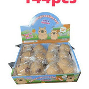 Display box of brown capybara marshmallow squishy toys in retail packaging