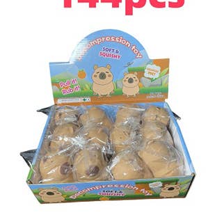 Display box of brown capybara marshmallow squishy toys in retail packaging