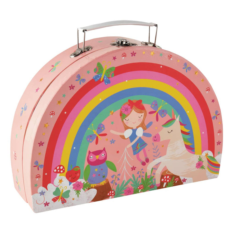 Semi-circular rainbow fairy themed tin tea set case with handle and colorful illustrations