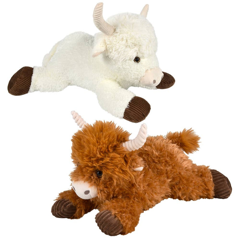 Two plush highland cow stuffed animals in white and brown laying flat on white background