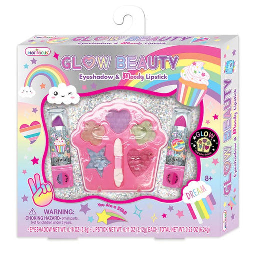 Hot Focus Glow Beauty makeup set with rainbow-themed packaging showing eyeshadow palette and lipsticks