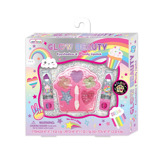 Hot Focus Glow Beauty makeup set with rainbow-themed packaging showing eyeshadow palette and lipsticks