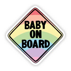 Diamond-shaped vinyl sticker with rainbow gradient background and black 'BABY ON BOARD' text