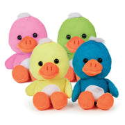 Four colorful plush duck toys including pink, green, yellow and blue varieties