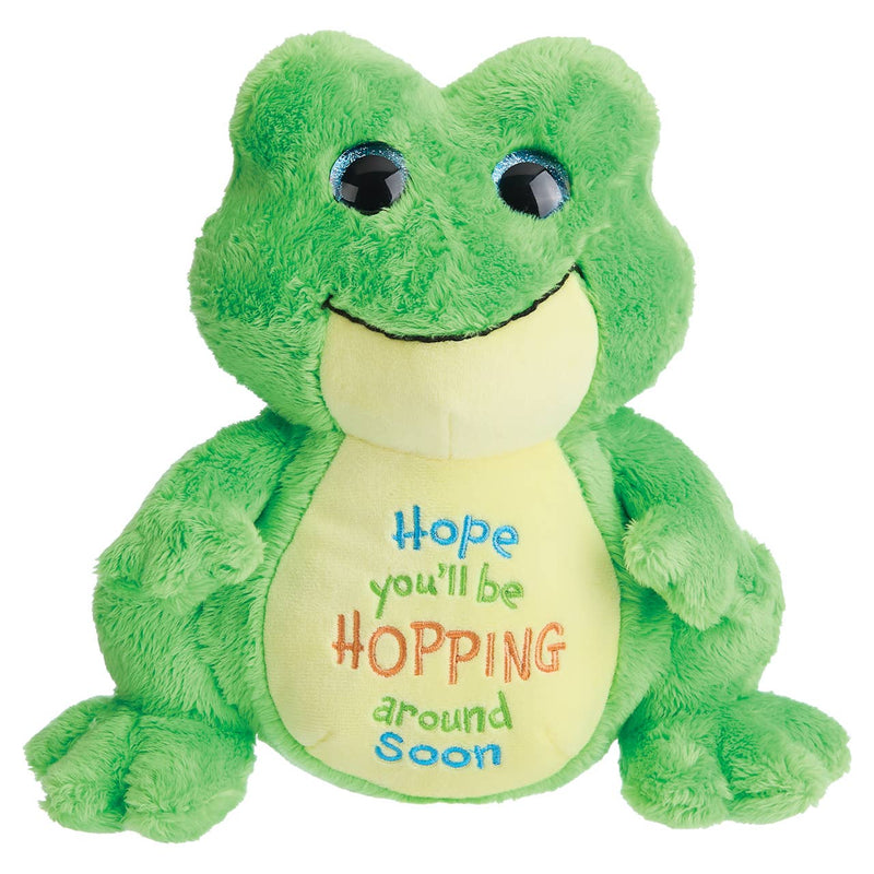 Green plush frog with shimmer eyes and embroidered message on belly