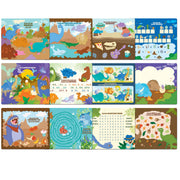Dinosaur World dry erase activity book showing multiple colorful pages with prehistoric themed puzzles and games