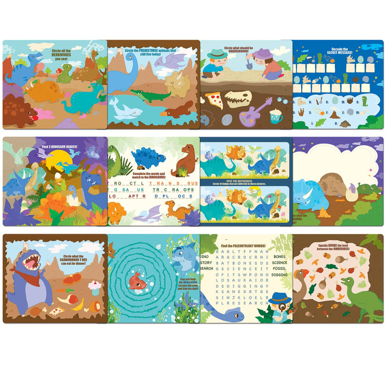 Dinosaur World dry erase activity book showing multiple colorful pages with prehistoric themed puzzles and games