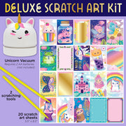 Deluxe Scratch Art Kit with unicorn vacuum, scratching tools and 20 colorful art sheets