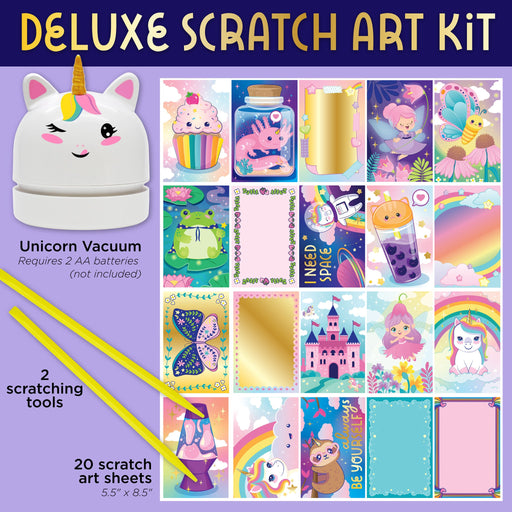 Deluxe Scratch Art Kit with unicorn vacuum, scratching tools and 20 colorful art sheets