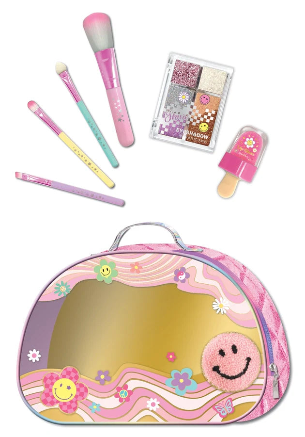 Glamz Beauty Bag with groovy flower design containing makeup brushes and eyeshadow palette