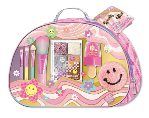Pink makeup kit in groovy flower patterned case with cosmetics and smiley face patch