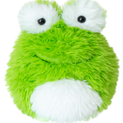 Green and white fluffy plush frog toy with black button eyes