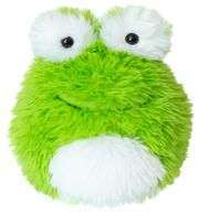 Green and white fluffy frog plush toy with black eyes on black background