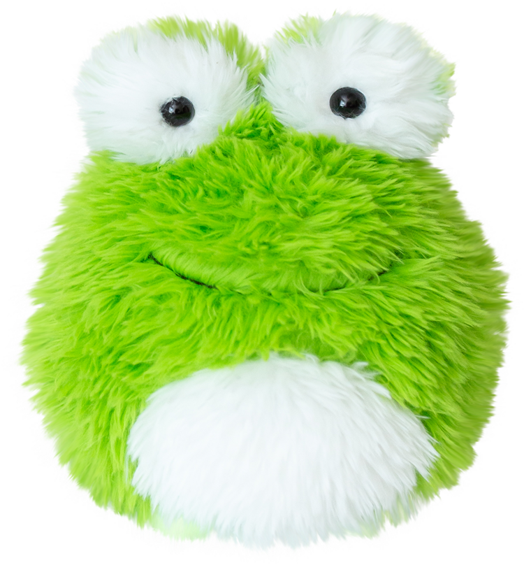 Green and white fluffy frog plush toy with black eyes on black background