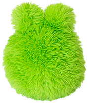 Bright lime green fluffy plush frog with fuzzy fur texture on black background