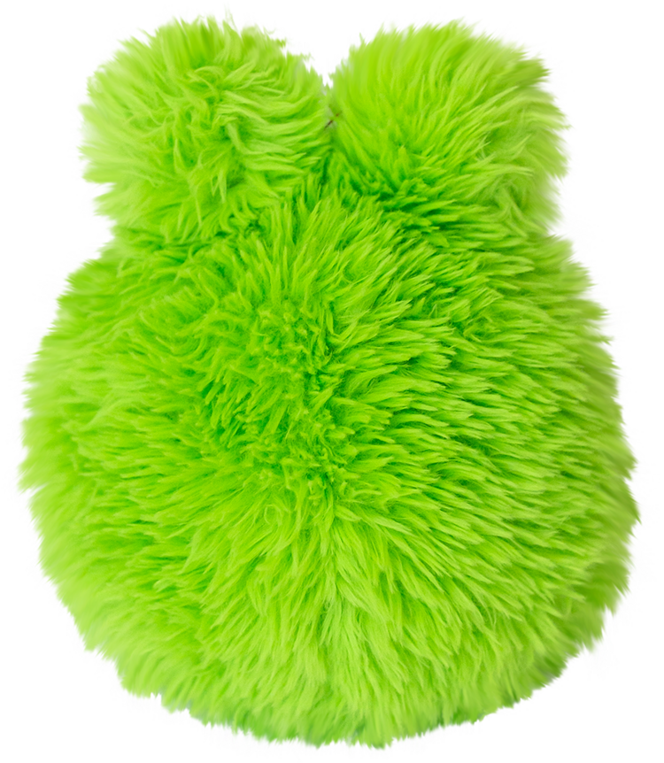 Bright lime green fluffy plush frog with fuzzy fur texture on black background