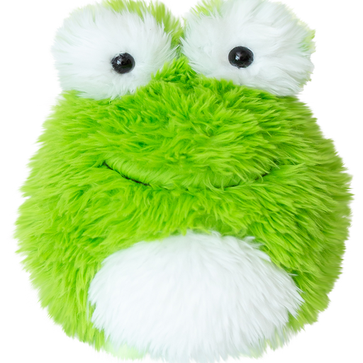 Green and white fluffy plush frog toy with black button eyes