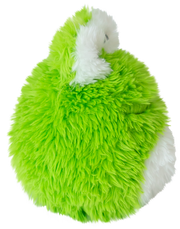 Bright green and white plush frog stuffed animal with fluffy fur texture