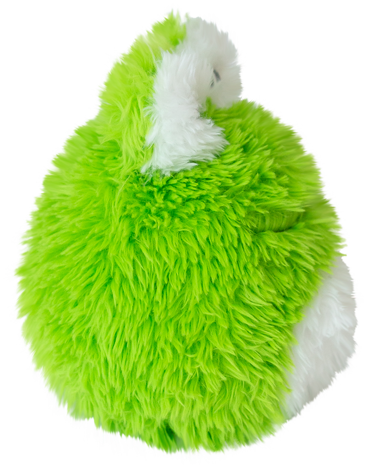 Bright green and white plush frog stuffed animal with fluffy fur texture