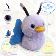 Purple Flutter Duckee butterfly plush toy with wings and antennae showing product features