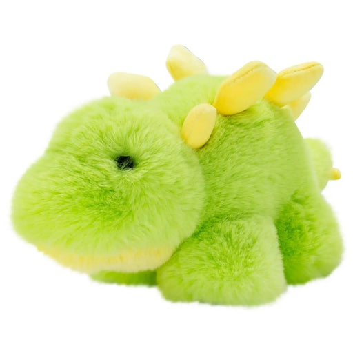 Green plush Stegosaurus stuffed animal with yellow spikes on white background