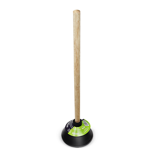 Wooden handle plunger toy with black base and green accent details