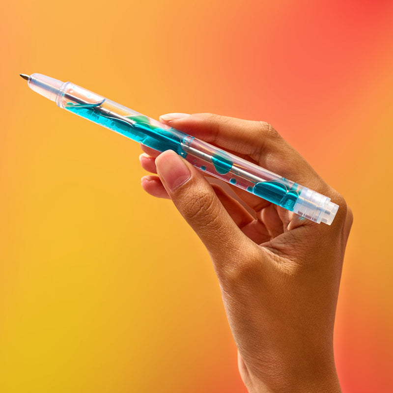 Hand holding transparent pen with blue liquid lava motion against orange gradient background