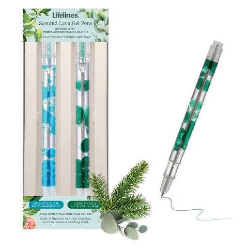 Lifelines scented lava gel pens 2-pack with blue and green designs in clear packaging