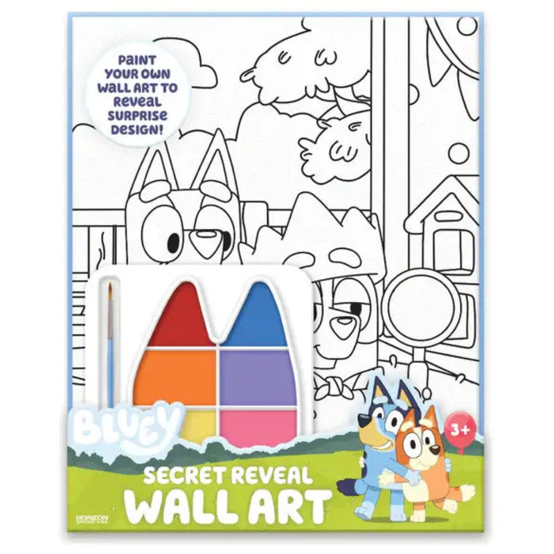 Bluey Secret Reveal Wall Art kit with paints and brush on white background