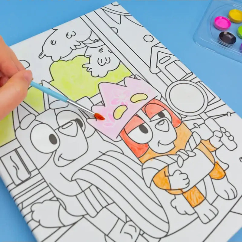 Hand painting Bluey characters on a canvas wall art set with watercolors