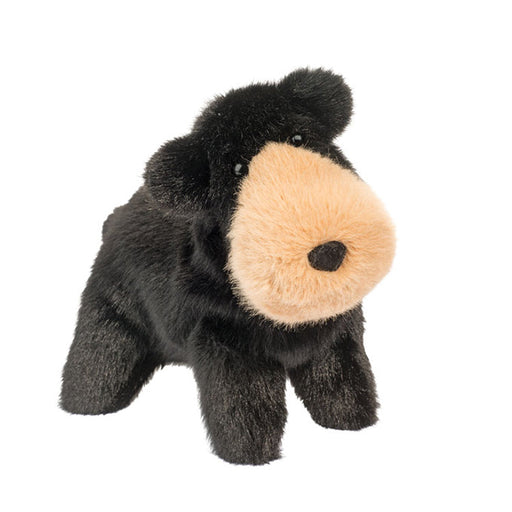 Black plush bear toy with tan snout on white background