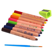 Set of colorful chubby watercolor pencils with sharpener and brush on white background