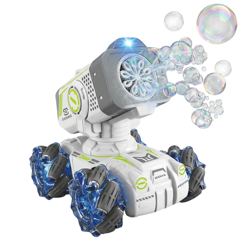 Bubble Zoom 360 RC robot toy with bubble blower cannon and blue illuminated wheels