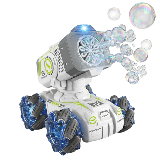 Bubble Zoom 360 RC robot toy with bubble blower cannon and blue illuminated wheels