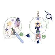 DJECO craft kit showing step-by-step assembly of decorative charm with floral patterns and tassels