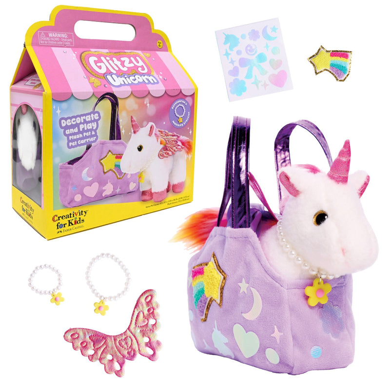 Glitzy Unicorn plush toy in purple carrier bag with accessories by Creativity for Kids
