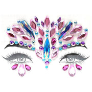 Decorative face gems with colorful crystals in peacock feather pattern around eyes