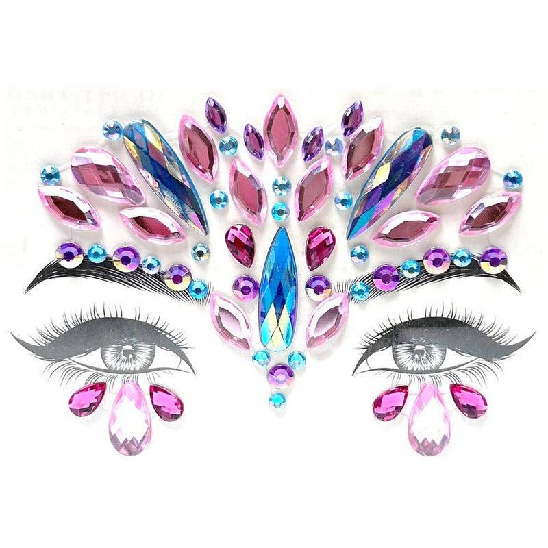 Decorative face gems with colorful crystals in peacock feather pattern around eyes