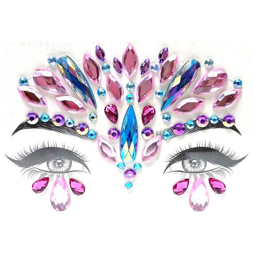 Decorative face gems with colorful crystals in peacock feather pattern around eyes