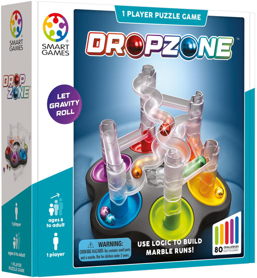 Drop Zone puzzle game box showing marble run construction with colorful pieces.