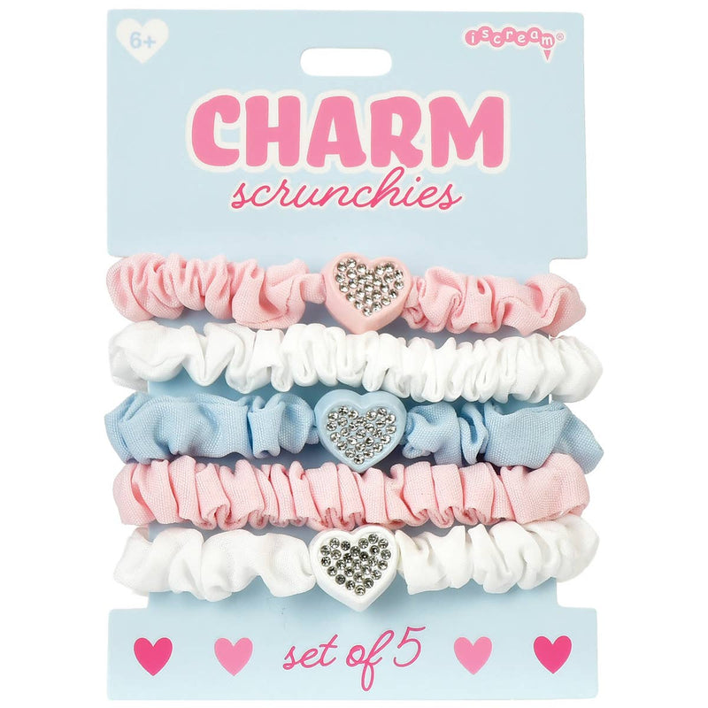 Set of five pastel scrunchies with heart charms in pink blue and white