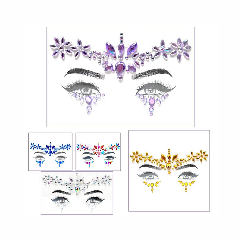 Face gems collection showing decorative crystal stickers in purple, blue, multicolor and gold designs