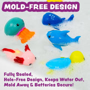 Colorful ocean-themed bath toys floating in soapy water with mold-free design text