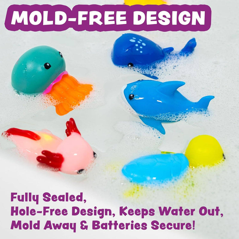 Colorful ocean-themed bath toys floating in soapy water with mold-free design text