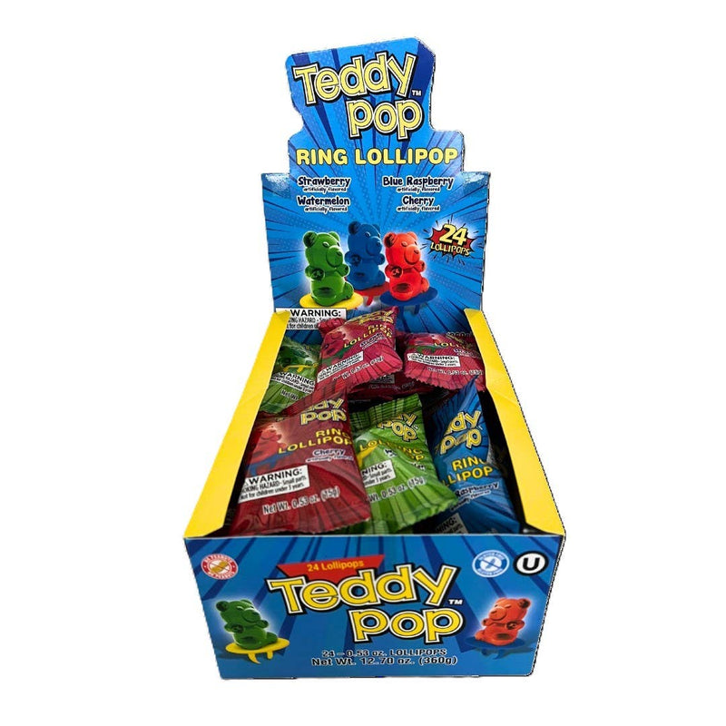 Teddy Pop Ring Lollipops display box showing 24 teddy bear shaped lollipops in multiple flavors