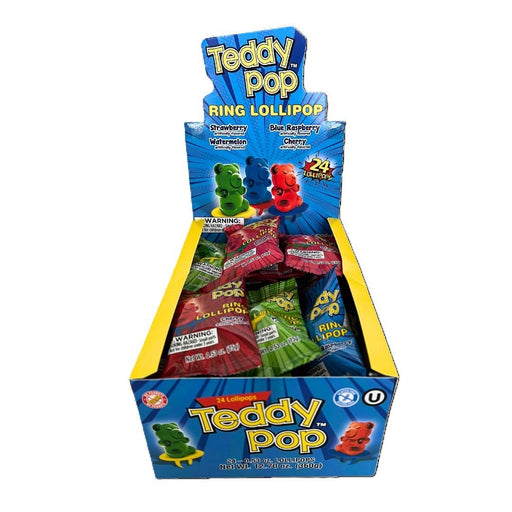 Teddy Pop Ring Lollipops display box showing 24 teddy bear shaped lollipops in multiple flavors
