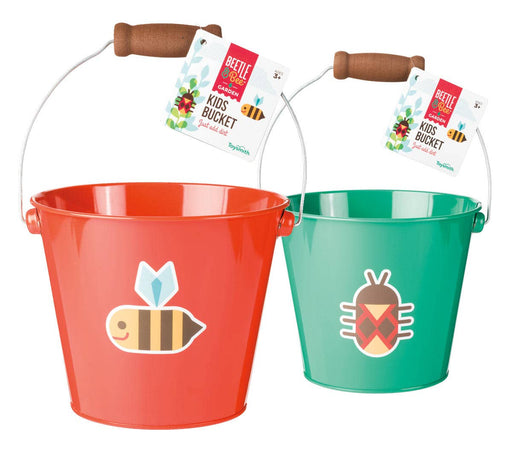 Two kids garden buckets with wooden handles, orange with bee design and green with beetle design