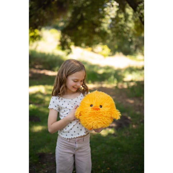 Young girl holding yellow fluffy Chickee plush toy in outdoor park setting